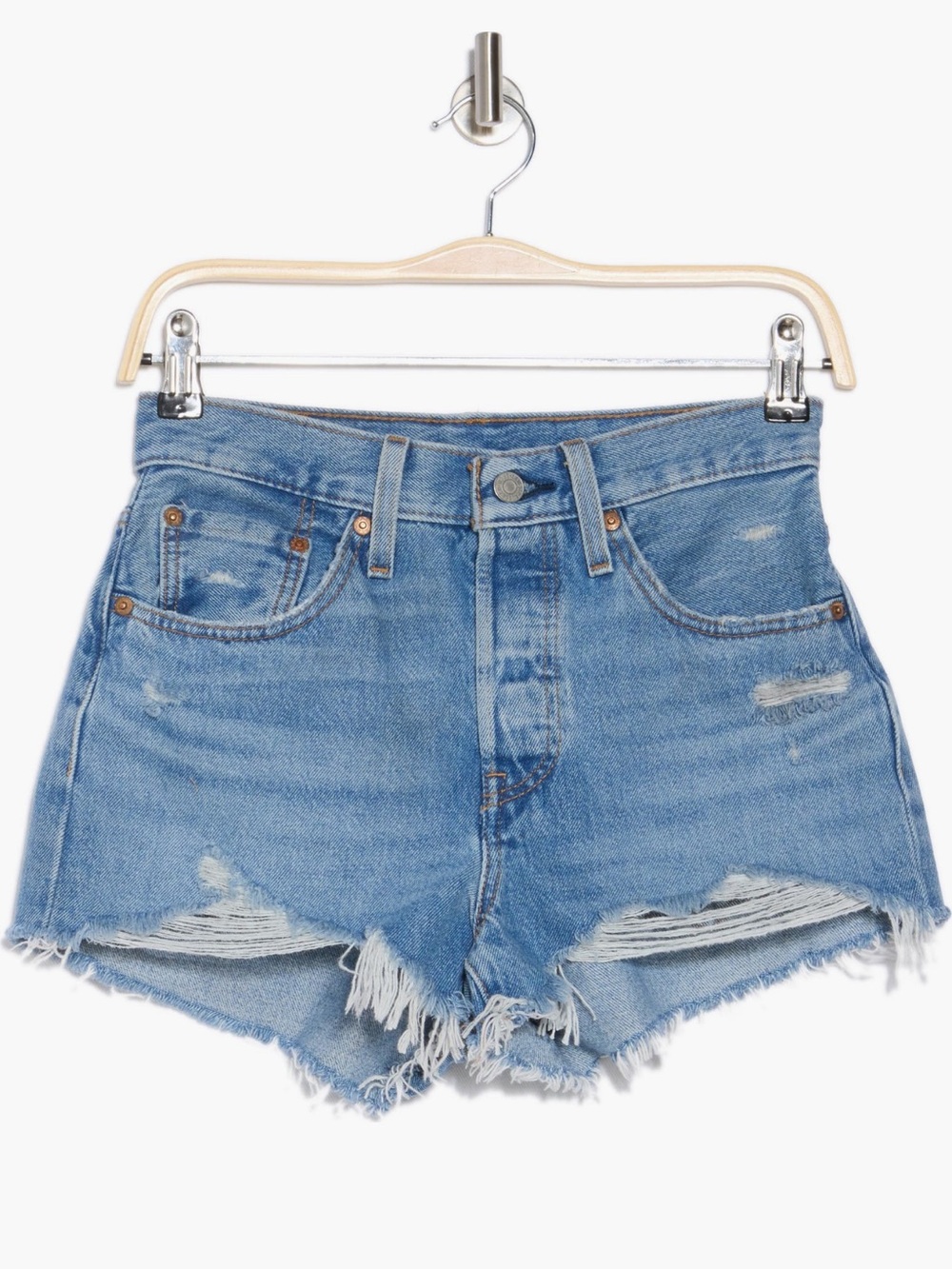 NEW LEVIS 501® Original Cutoff Denim Shorts Blow Big Horns Mid Wash Distress 27